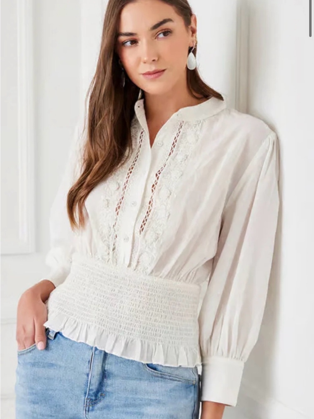 Karen Kane Cream Embroidered Smocked Waist Blouse Size M NWT
